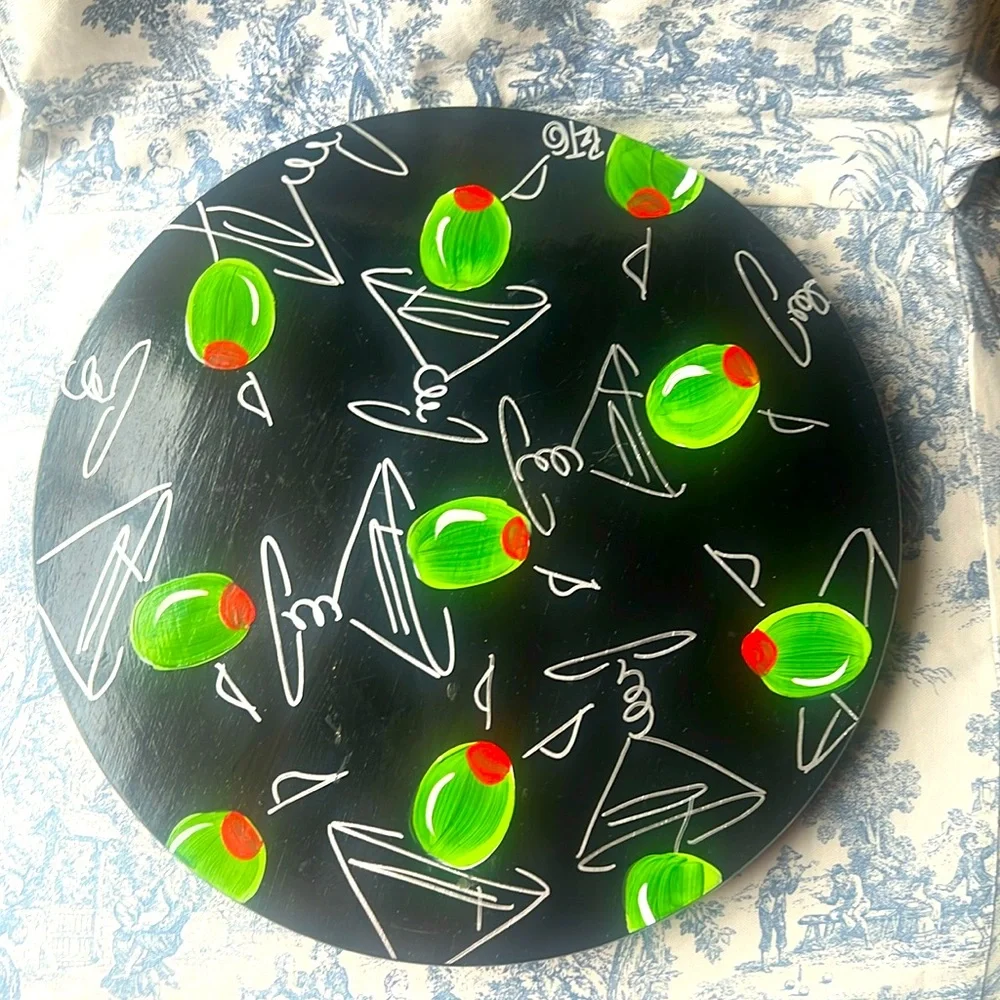 ROTATING TRAY WOOD HAND PAINTED MARTINI MOTIF  14” ROUND LAZY SUSAN